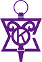 The image displays a stylized purple emblem with a central cross design, featuring intricate patterns and a small circular element at the top, set against a gray background.
